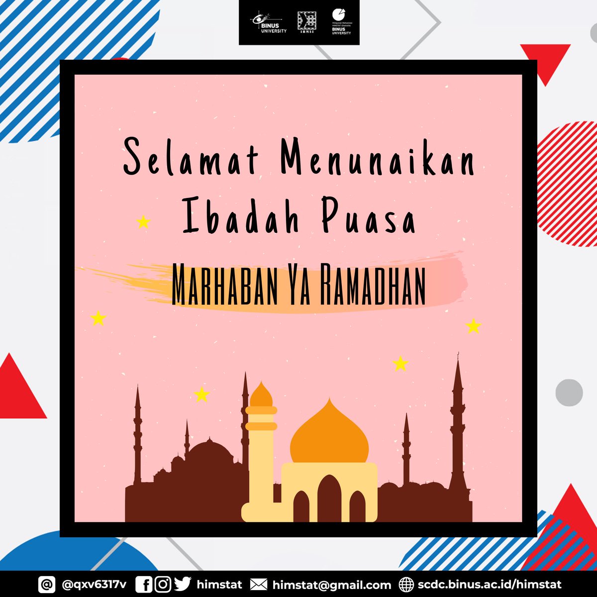 HIMSTAT's tweet image. [SELAMAT PUASA 1440 H]

Selamat menunaikan ibadah puasa bagi yang menjalankan! Semoga puasa kita membawa keberkahan, menjadikan diri pribadi yang lebih baik, dan semoga berkah &amp;amp; dosa-dosa kita diampuni oleh Allah SWT. Aamiin☺️🙏🏻