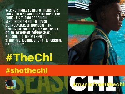 barrycfilm's tweet photo. Special Thanks to all to the Artists who licensed music for tonightโs episode of #TheChi #ShoTheChi : @Towkio , @Graceweber, @teddydobetter, @melomakesmusic, @_taylorbennett, @p_lo, @common, @imrossmac, @pushaudio, #easythemogul, #themtwo, @chance_york_, @Turreekk , @thedrastics https://t.co/vWIuxVLbVV