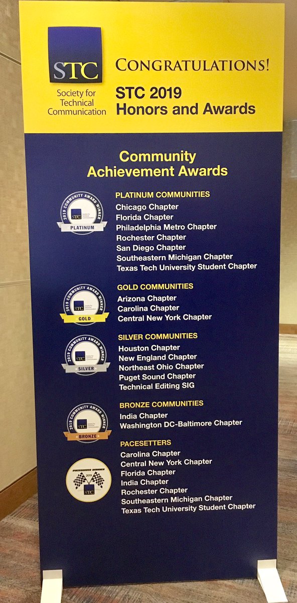 We were thrilled to accept a Platinum and Pacesetter Award at Leadership Day at STC Summit 2019! Michael shared the strategy for the work or chapter did, too. Thanks to everyone who supported the chapter this year and to those who reviewed our applications! #stc19  <a href="/TTUEnglish/">TTU English</a>