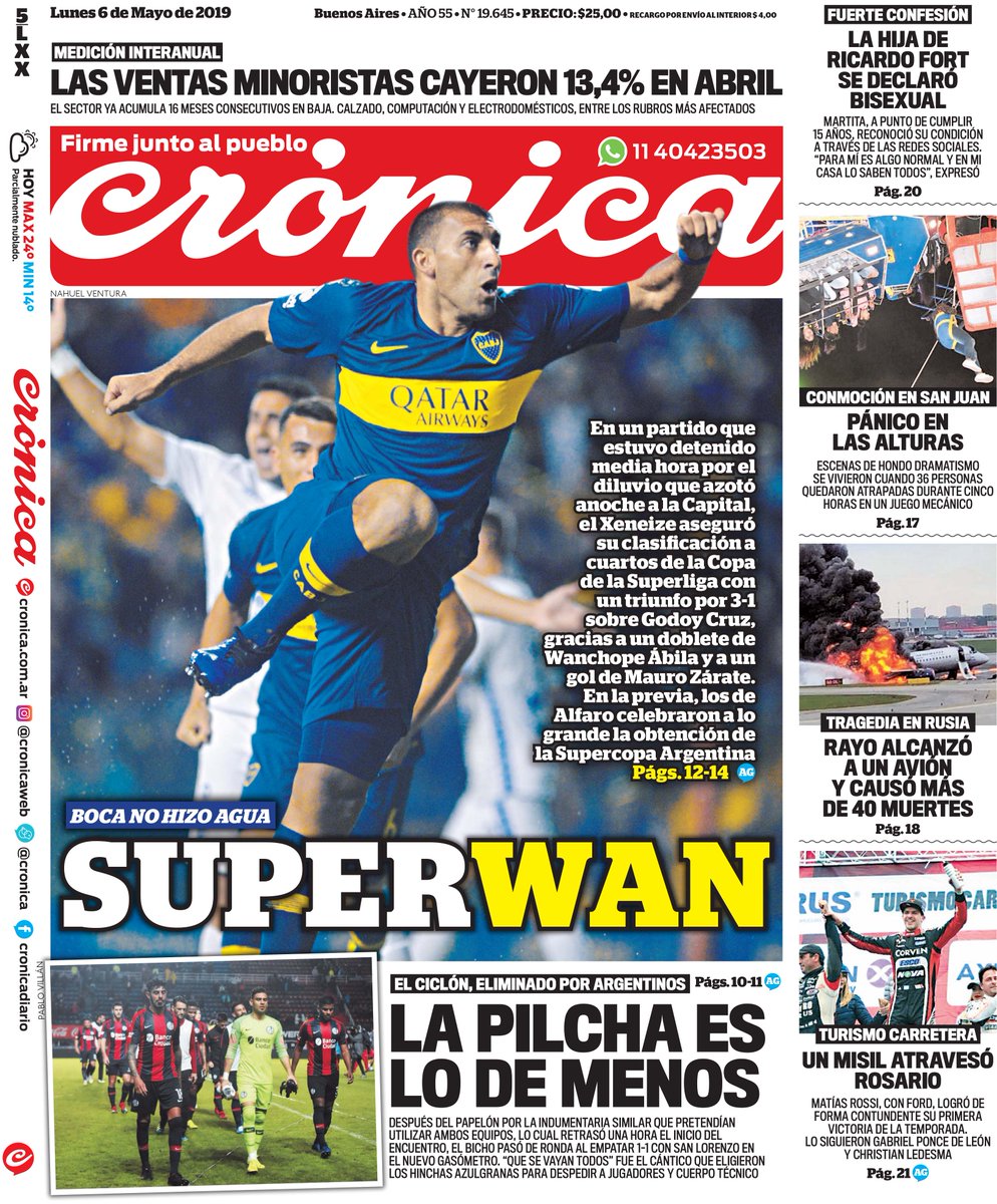 Cronica_ok's tweet photo. La tapa: Las #VentasMinoristas cayeron 13,4% en abril; #Boca no hizo agua #SuperWan; #Argentinos eliminó a #SanLorenzo: la pilcha es lo de menos; La hija de #RicardoFort se declaró bisexual; #Pánico en las alturas
y Rayo alcanzó a un #Avión y causó más de 40 muertes https://t.co/pYe5lGyF63