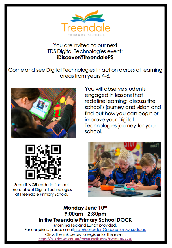 TreendalePS's tweet photo. Digitech TDS PD opportunity: Term 2 iDiscover@TPS 10th of June! Head to PLIS to register. @TDS_SS_CO https://t.co/hwhjdWRquH