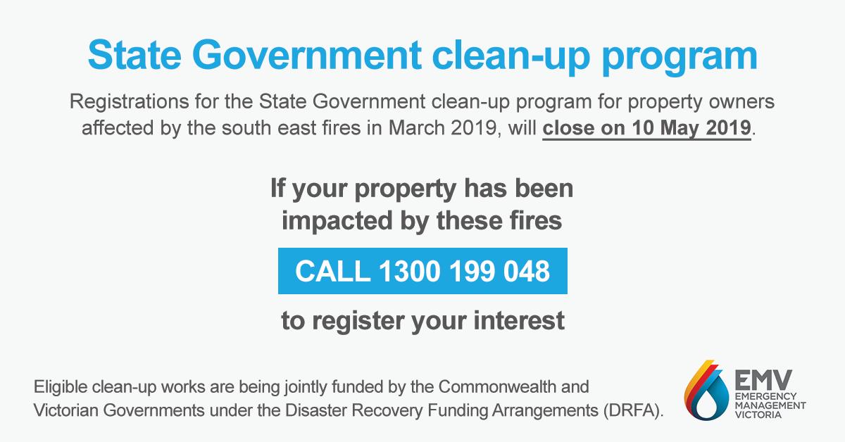 If your property was impacted by the South East Victoria bush fires, ensure to register for the State Government clean-up program. Registrations will close 10 May 2019.