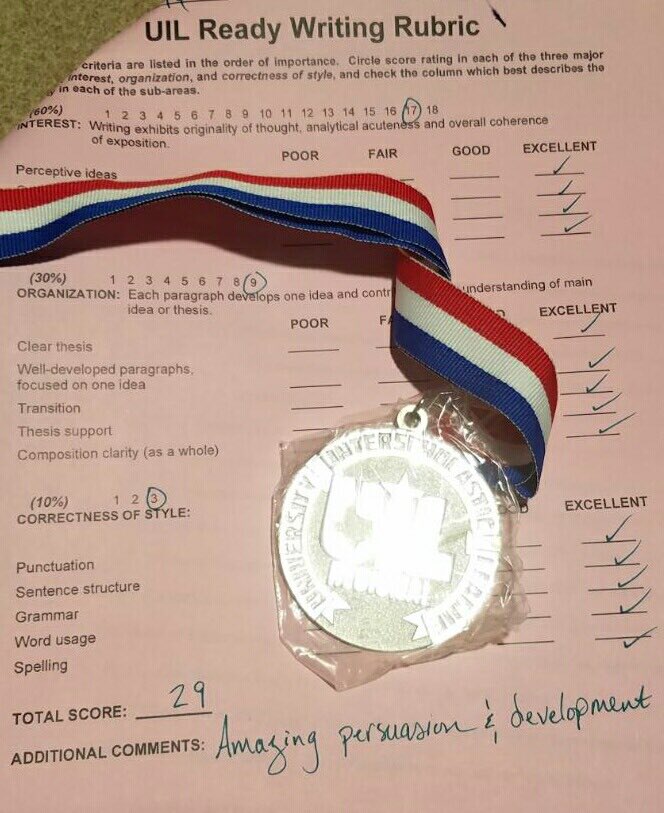MacTEACH_'s tweet photo. She took her UIL Ready Write Region win to the UIL State Competition and made MAC history. Summer Farrens, the first to medal at the State level in RW!! Only 6 of 12 can medal. She placed 4th!! 🎉 https://t.co/PwSpZcbEz8