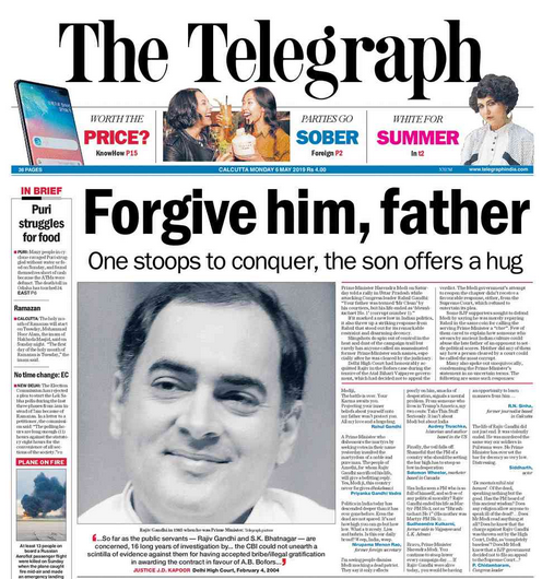 ttindia's tweet photo. From the front page: Modi’s remark on the late Rajiv Gandhi has triggered an avalanche of criticism from the Congress, with most senior leaders saying it was unthinkable for a Prime Minister to stoop that low.

READ: https://t.co/kNQOjl4mb4 https://t.co/3fcQk6wyfm