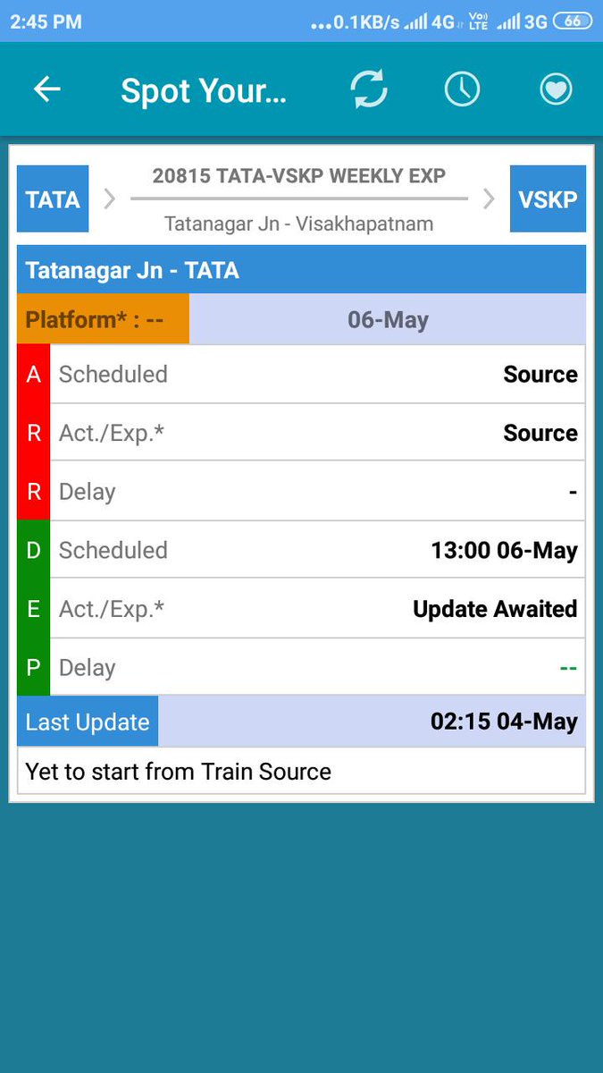 ANUPAMBHARTI90's tweet photo. @PiyushGoyal Train 20815 is still not in station at Tata whereas schedule departure was 1300hrs. NTES is having no update. Kindly do the needful https://t.co/z9uaTqQgFY