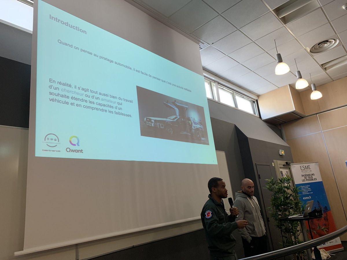 Fière de recevoir deux ethical hackers de chez nos partenaires <a href="/Qwant_FR/">Qwant</a> et Bertrandt pour le lancement de la majeure cybersecurity @ESMEsudria qui vont nous faire une démonstration de cyber attaque d’un véhicule