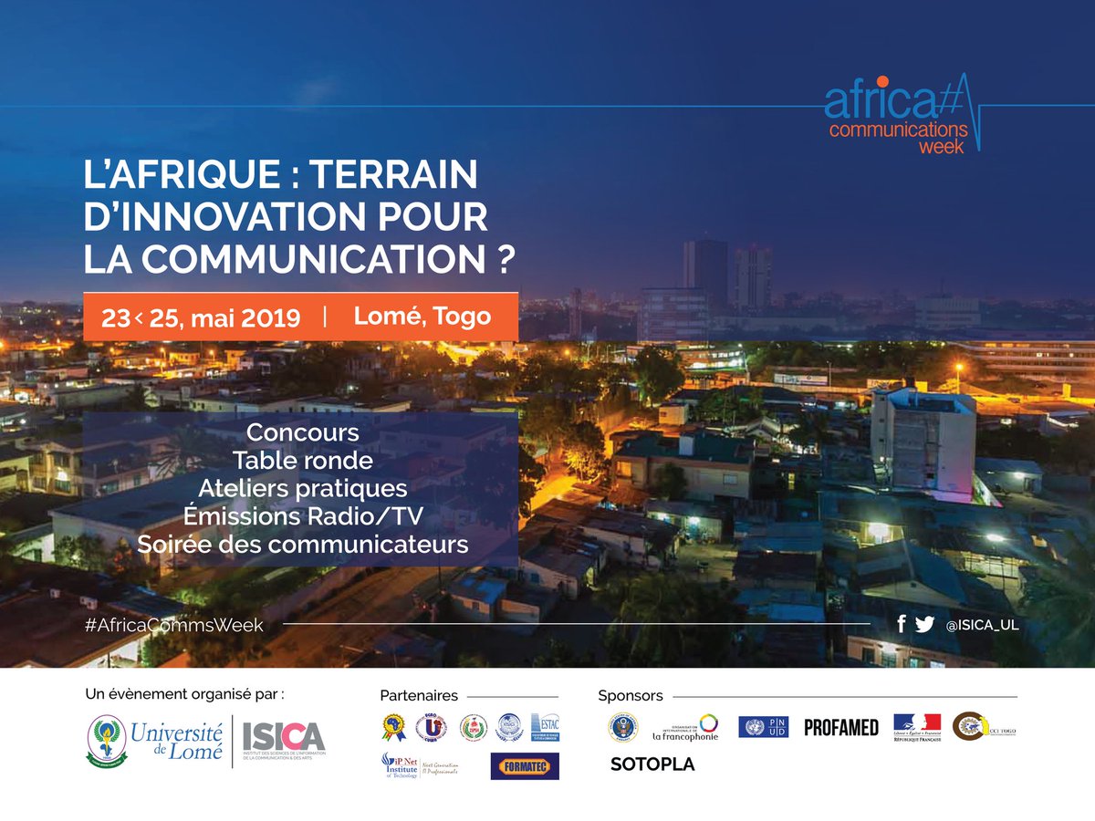 ISICA_UL's tweet photo. #SaveTheDate 🇹🇬

Vous êtes nombreux à attendre l'édition 2 de la campagne mondiale #AfricaCommsWeek à #Lomé, nous sommes plus que motivés à vos côtés à tenir le pari de la réussite de l'édition 2019.

👉https://t.co/Dnbfxjj9Zq

#ACWLomé2019 #Team228 #TheAfricaWeWant https://t.co/f1QNUdpmzV