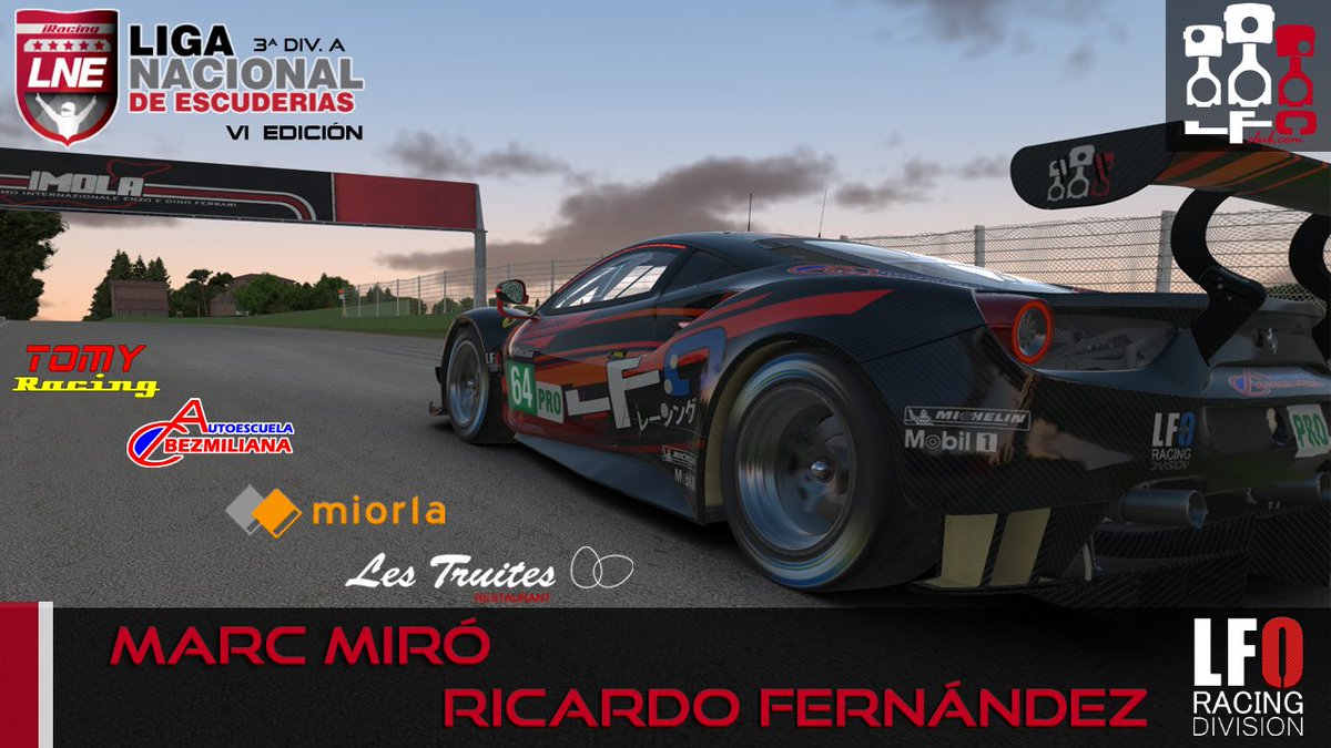 Última carrera de la 3ªDiv A #LNE <a href="/Gtseri3s/">GTSeries</a> Los pilotos <a href="/Miromen83/">Marc Miró</a> <a href="/ric96tiesto/">ric96tiesto</a> serán los encargados de poner el punto y final a esta magnífica temporada. Mucha suerte chicos.  <a href="/tomy_racing/">TomyRacing.com</a> <a href="/LesTruites/">Les Truites</a> miorla.com aebezmiliana.es