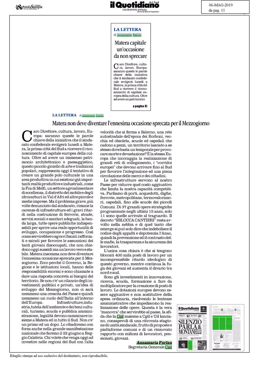 CislNazionale's tweet photo. #6maggio e #7maggio #CulturaLavoro, Europa, #MateraCgilCislUil, @FurlanAnnamaria sul Quotidiano del Sud @LAltravoce: Matera non deve diventare l'ennesima occasione sprecata per il Mezzogiorno https://t.co/HKZD2ebnx5