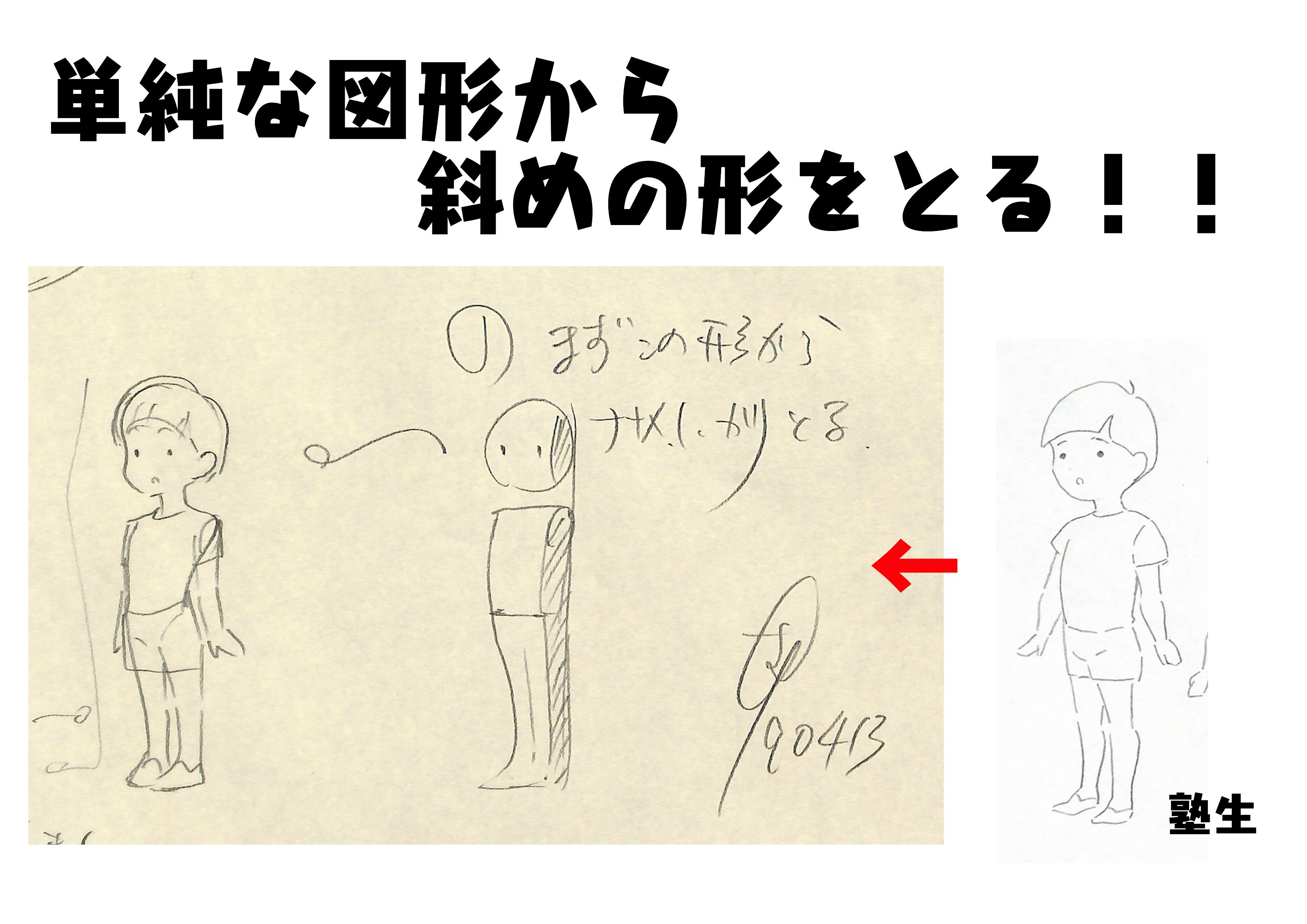 アニメ私塾 斜め立ちポーズのポイント 単純な図形から 側面 をしっかり意識する 頭の真下に足裏が来ることを側面図で把握する 斜めポーズの難しさは正面 横の両方の要素が入り立体感が必要になること いきなり細部の顔似せに行かずに斜めの形とは