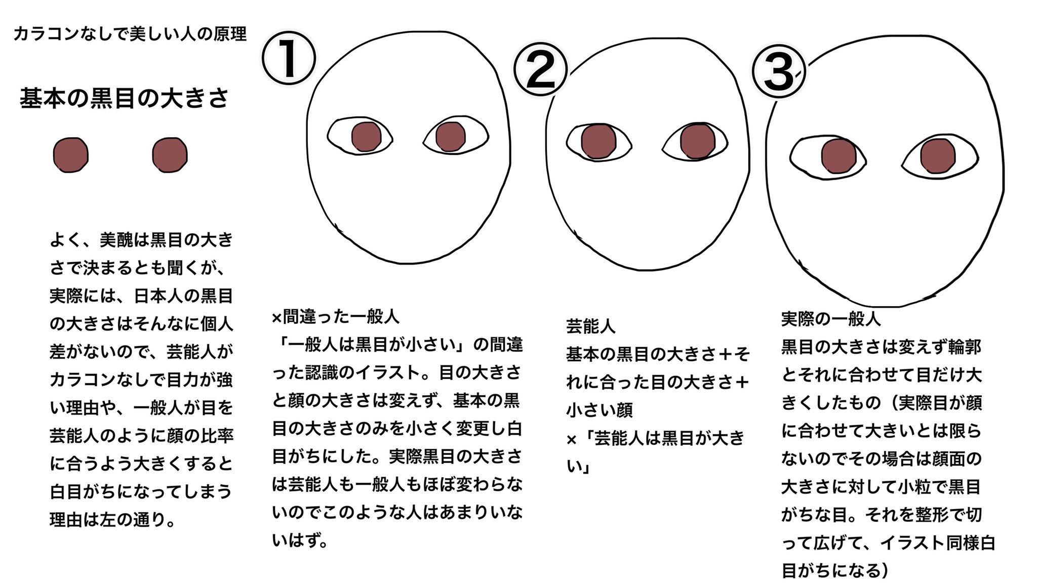 陰キャ 美醜は黒目の大きさで決まる話 的を得てると思うが 実際人の黒目の大きさにはあまり違いがない つまり 芸能人が目 黒目 共に顔の中で大きいってのはすごく小顔だから 一般人が整形で四白眼になるのは目や黒目の大きさが芸能人とそんなに変わら