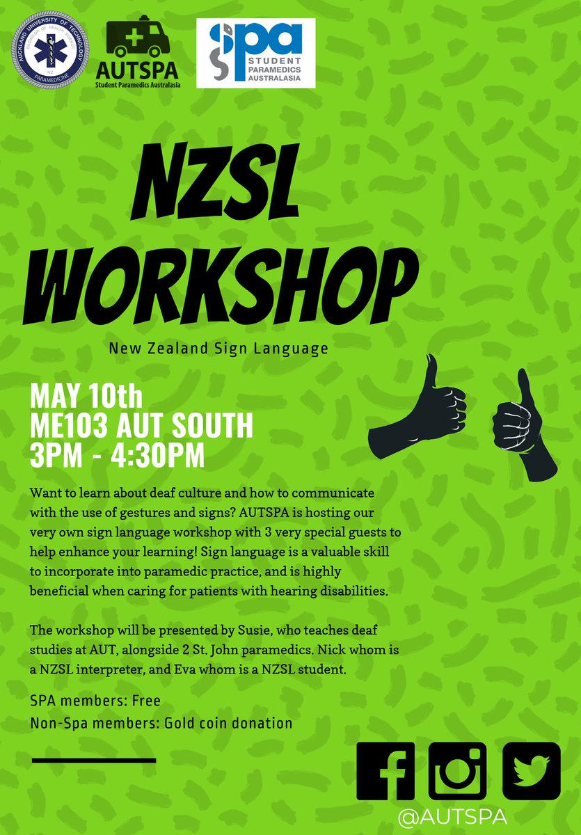 It is NZ Sign Language week this week, so get along to this fantastic opportunity at South Campus on Friday! #NZSLWeek #NZSL #AUTSPA #AUTpara #AUTuni

You can register to attend here: docs.google.com/spreadsheets/d…
