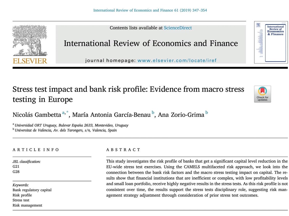 Finally my article with <a href="/garciabenau/">María Antonia García Benau</a> and Ana Zorio-Grima "Stress test impact and bank risk profile: Evidence from macro stress testing in Europe" was publised in the "International Review of Economics &amp; Finance". Happy to share the free access until 22/6: authors.elsevier.com/a/1Y-0~3mpInjN…