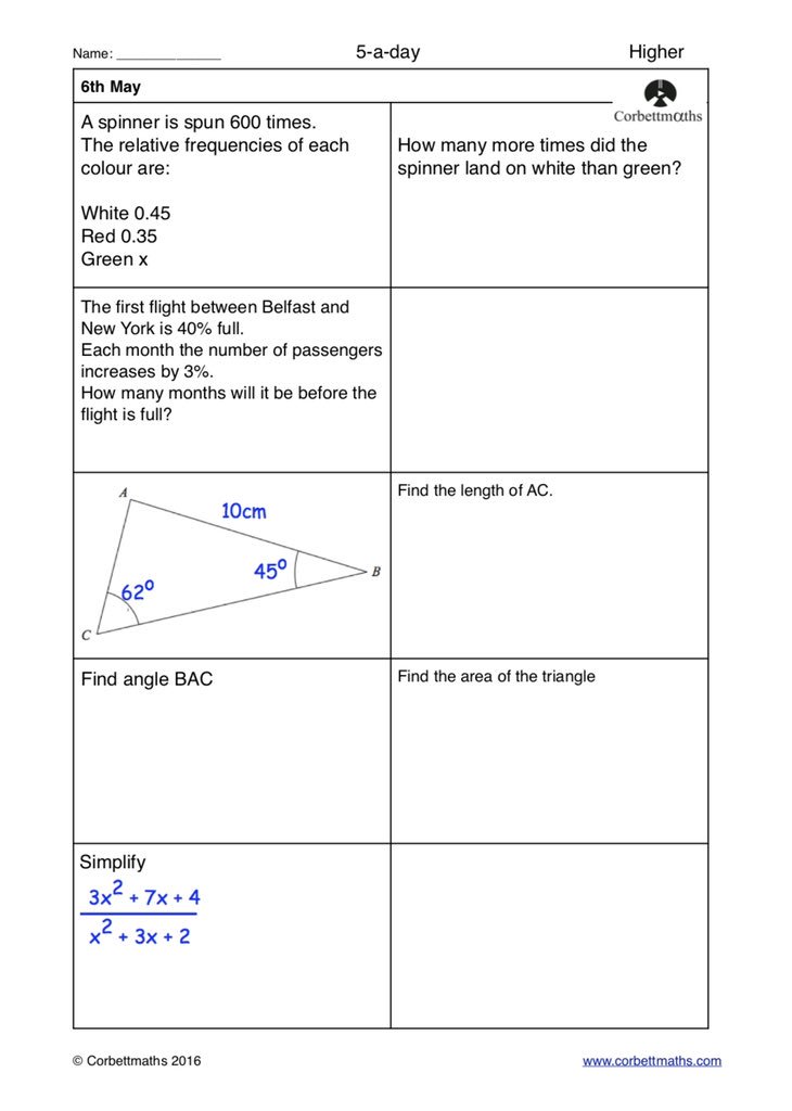 Corbettmaths's tweet photo. Studying for Higher GCSE Maths? Try today's Foundation Plus, Higher &amp; challenging Higher Plus #maths5aday answers: https://t.co/YcG5n8BeJP https://t.co/dnsLZ4rAAJ