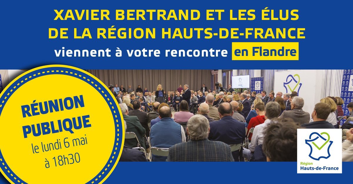 hautsdefrance's tweet photo. Réunion publique, ce soir à partir de 18h30, venez à la rencontre de @xavierbertrand et des élus régionaux à la Salle des fêtes Albert Denaes - 193, place Germain Dubrulle à #Hondeghem 👉 Vous pouvez encore vous inscrire, ici : https://t.co/F0C44nC72I  #laRegionProchedeVous https://t.co/7AdcOLdgqc