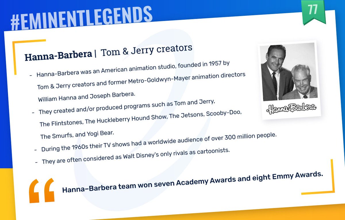 EmiproTech's tweet photo. Legend No: 77

Hanna-Barbera | Tom &amp; Jerry Creators

"Making cartoons means very hard work at every step of the way, but creating a successful cartoon character is the hardest work of all." -Joseph Barbera

#Eminent #EminentLegends #EmiproTech #Legends https://t.co/ft5KX5LJoG