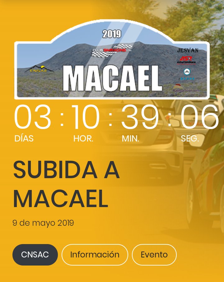 club_simracing's tweet photo. Cuenta atrás para el #Evento3CNSAC Subida a Macael 2019 de @club_simracing. El jueves día 9 de Mayo comienza la primera sesion la cual dará inicio a un fin de semana de competición sin descanso. #CNSAC #CSR #SUBIDA 
Colaboran:
@AsturSimRace 
@jdr0ne 
#fpdecoracion
#jesvan https://t.co/wjhxAovF4i