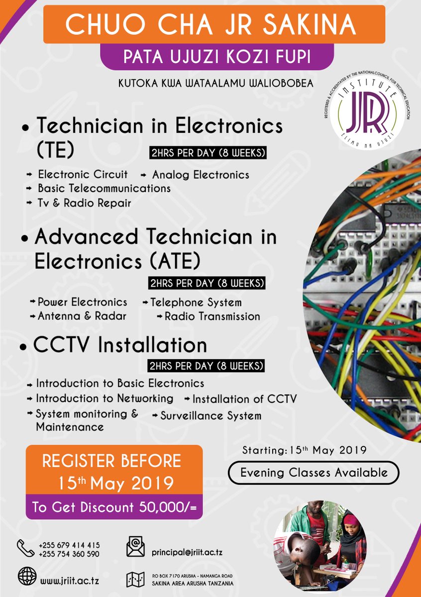 JriitTechnology's tweet photo. Jiunge na Kozi ya Electronics ⚡
Jr Institute of Information Technology Jiunge Sasa .
For More Info: Dial +255 679 414 415 or +255 754 360 590 | email: principal@jriit.ac.tz | website: https://t.co/hMVBLEmXDu 
P.O Box 7170 Arusha-Namanga Road https://t.co/2v7aWFZmGU