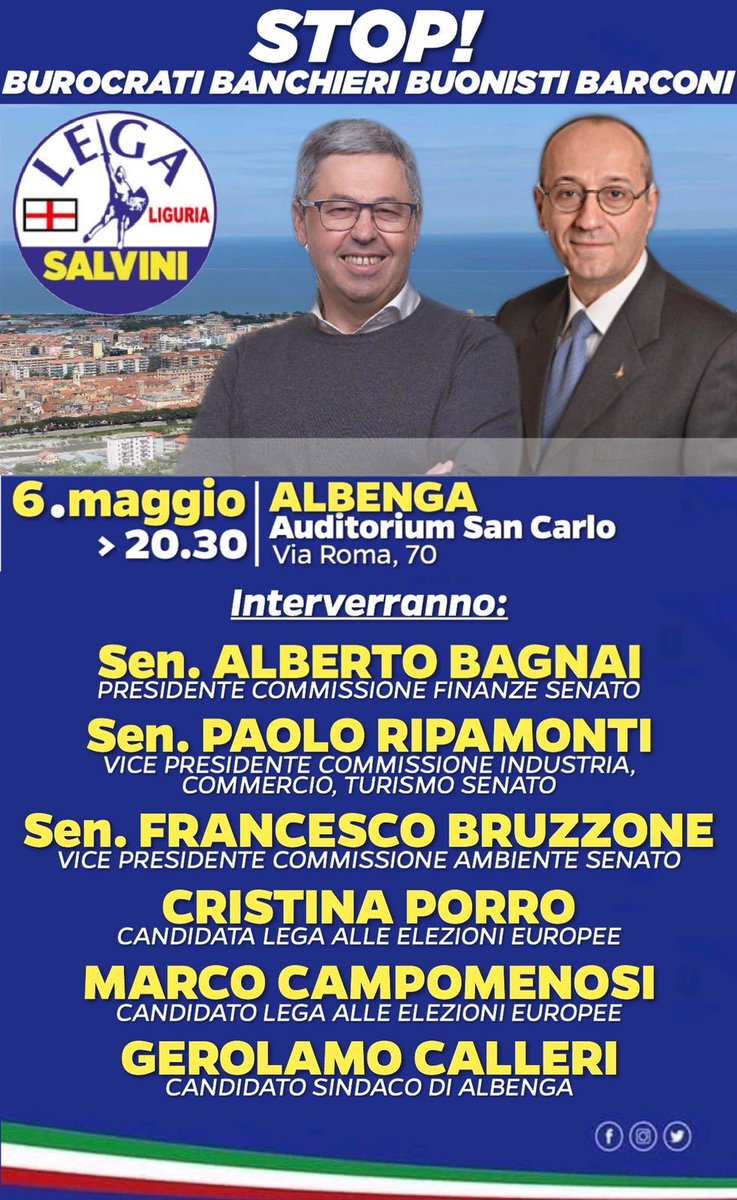 Ripamonti_Lega's tweet photo. Un appuntamento da non perdere! L’economista di fama internazionale @AlbertoBagnai, senatore della Lega e presidente commissione Finanze al Senato, ad #Albenga per sostenere la #Lega e @CalleriSindaco!
#Europadelbuonsenso #CalleriSindaco https://t.co/qNyF5Jsx0B
