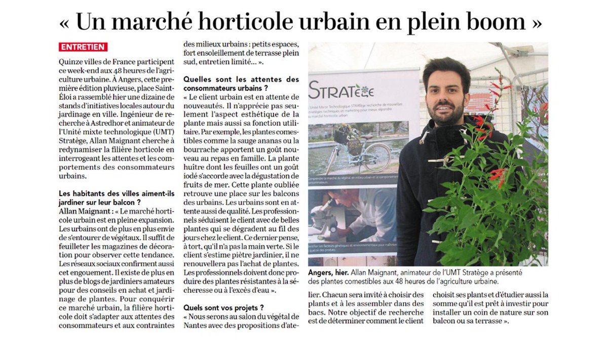 Bref aperçu des activités de l'UMT STRATège dans le Courrier de l'Ouest du 5 mai 2019 <a href="/astredhor/">ASTREDHOR</a> #VégétalUrbain #MarchéHorticoleUrbain
