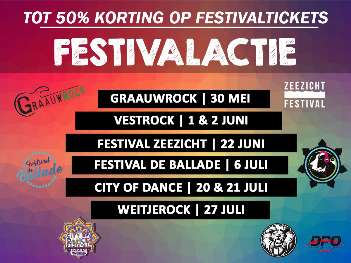 Wil jij korting krijgen op een festivalticket naar keuze? Vraag dan een GRATIS tankpas aan via depooterolie.nl/festival Bij één aanvraag voor een tankpas, ontvang je 20% korting op de verkoopprijs van het festivalticket. De korting loopt op tot 50% korting. #kortingscode #actie