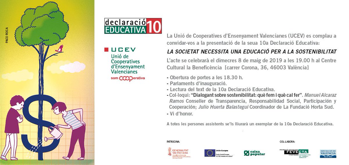 Miquel_R_C's tweet photo. 📢 Aquest dimecres, vos proposem parlar d'educació i de sostenibilitat: @LA_UCEV presenta a la societat valenciana la #10aDeclaracióEducativa! T'hi apuntes? #EscolaCoop #Sostenibilitat #SomCoop @Agenda2030Esp @UECoE3 @GVAeducacio @GVA_Cefire @GVAeconomia https://t.co/6FJzi98GcM