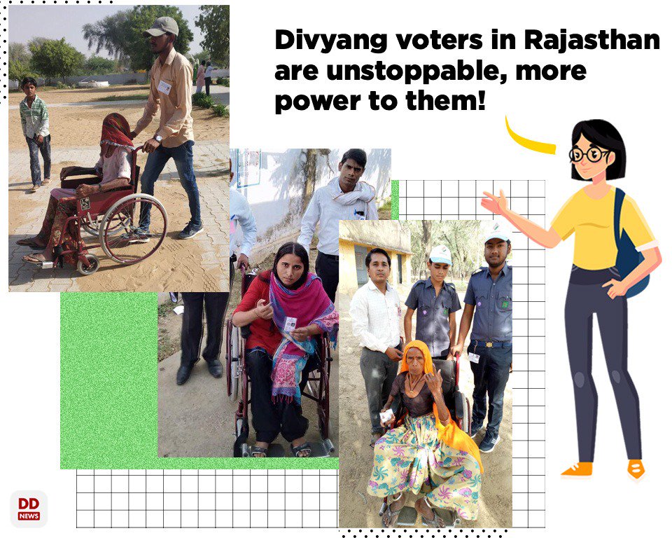 Divyang voters turn up at polling stations to exercise their franchise in Rajasthan. They are not stepping back from their responsibility you too shouldn't.
#Phase5
#VotingRound5
#MakeYourMark
#LokSabhaElections2019 
#Indiaelections2019