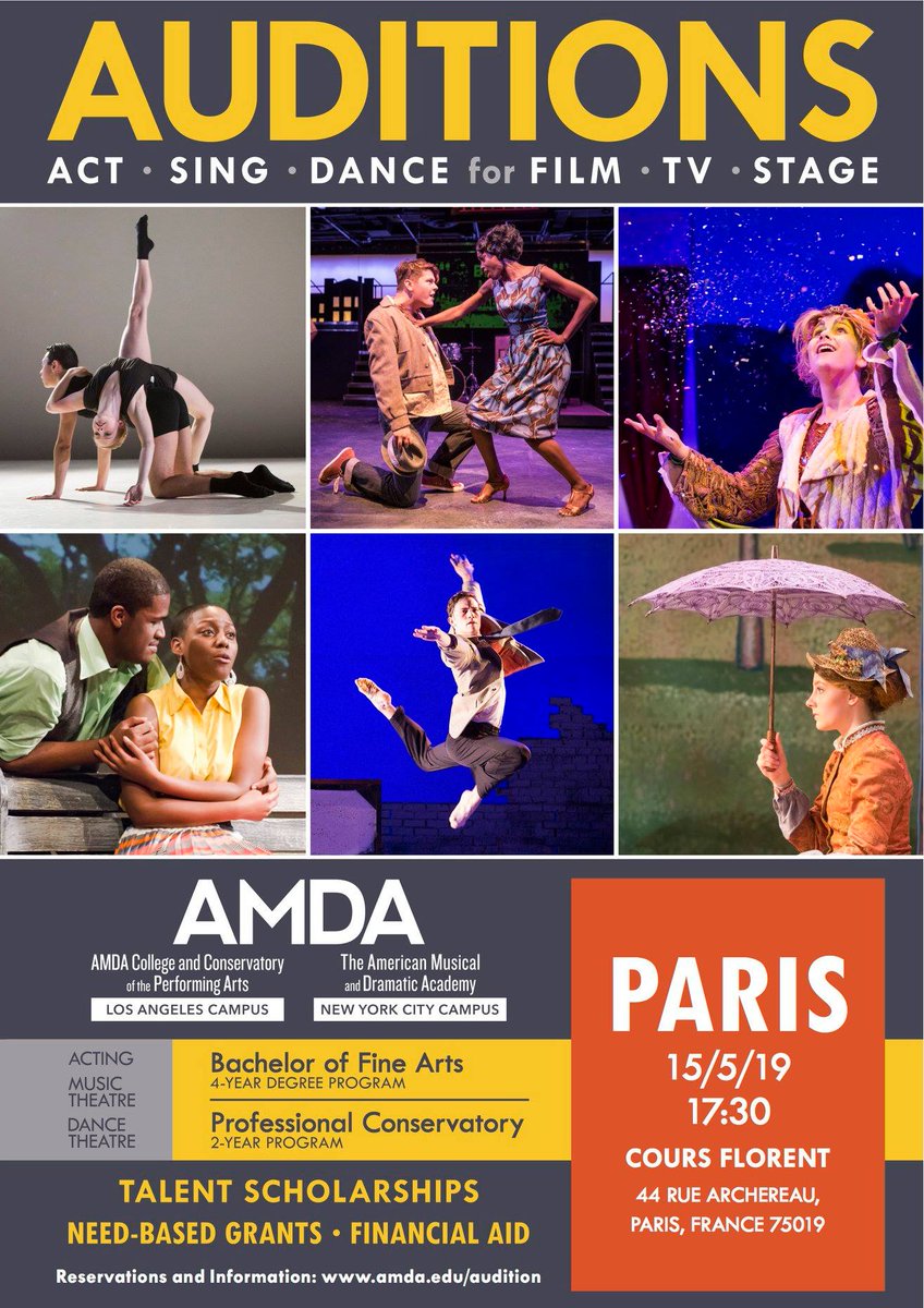La célèbre école américaine <a href="/AMDAOfficial/">AMDA College</a> organise des auditions à Paris pour les étudiants français souhaitant intégrer l'école et obtenir une bourse. Elles auront lieu le 15 mai à 17h30 dans les locaux du Cours Florent (44 rue Archereau dans le 19e)