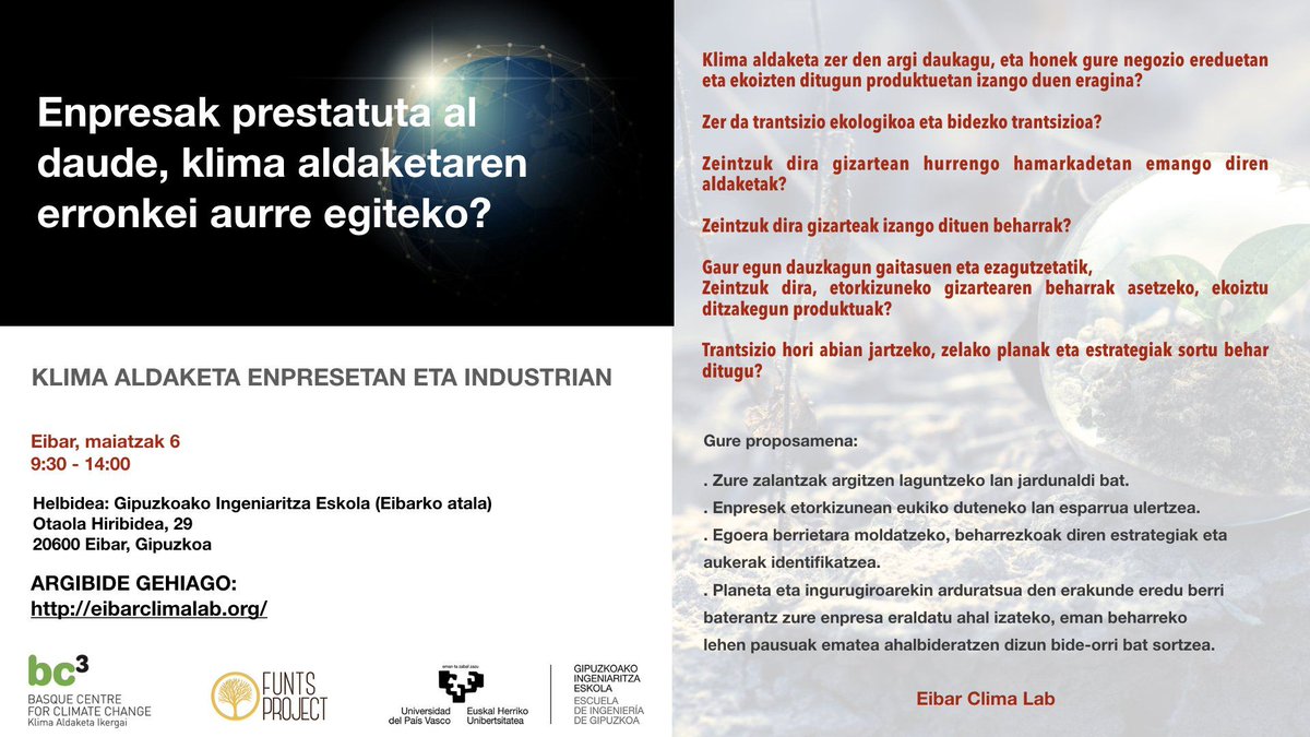 Goiener's tweet photo. Prest al daude enpresak #KlimaAldaketa-rekin lotutako erronka berriei aurre egiteko? Erantzunen bila, #Eibarren gaur ospatuko den jardunaldira etorri gara
 @EibarClimaLab @FuntsProject @BC3Research @gie_eibar
https://t.co/6B8o7d4oiA https://t.co/O8WDN4PKOz