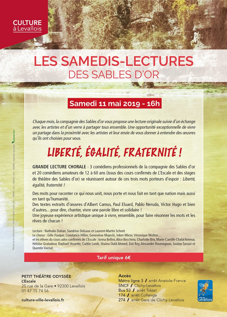 CultureLev's tweet photo. Samedis-Lectures à L'Escale le 11 mai : LIBERTÉ, ÉGALITÉ, FRATERNITÉ ! 
https://t.co/h4Jx61183M https://t.co/AbSDQZNtcu