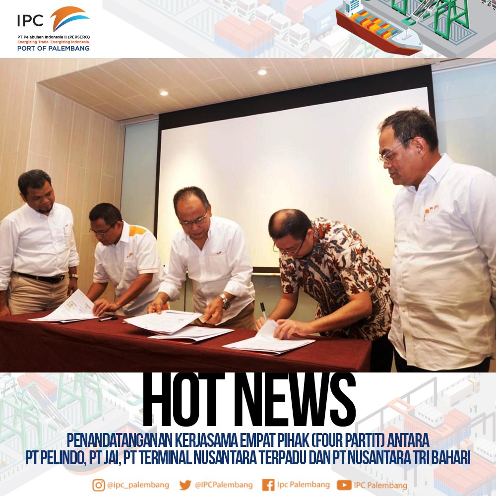 IPCPalembang's tweet photo. (6/5) Telah dilakukan penandatanganan kerjasama empat pihak (four partit) antara PT pelindo, PT JAI, PT terminal Nusantara terpadu dan PT Nusantara Tri Bahari tentang pelayanan paket pemanduan penundaan angkutan tongkang batu bara di wilayah perairan wajib pandu kelas 1 Palembang https://t.co/LQuSQXaNOt