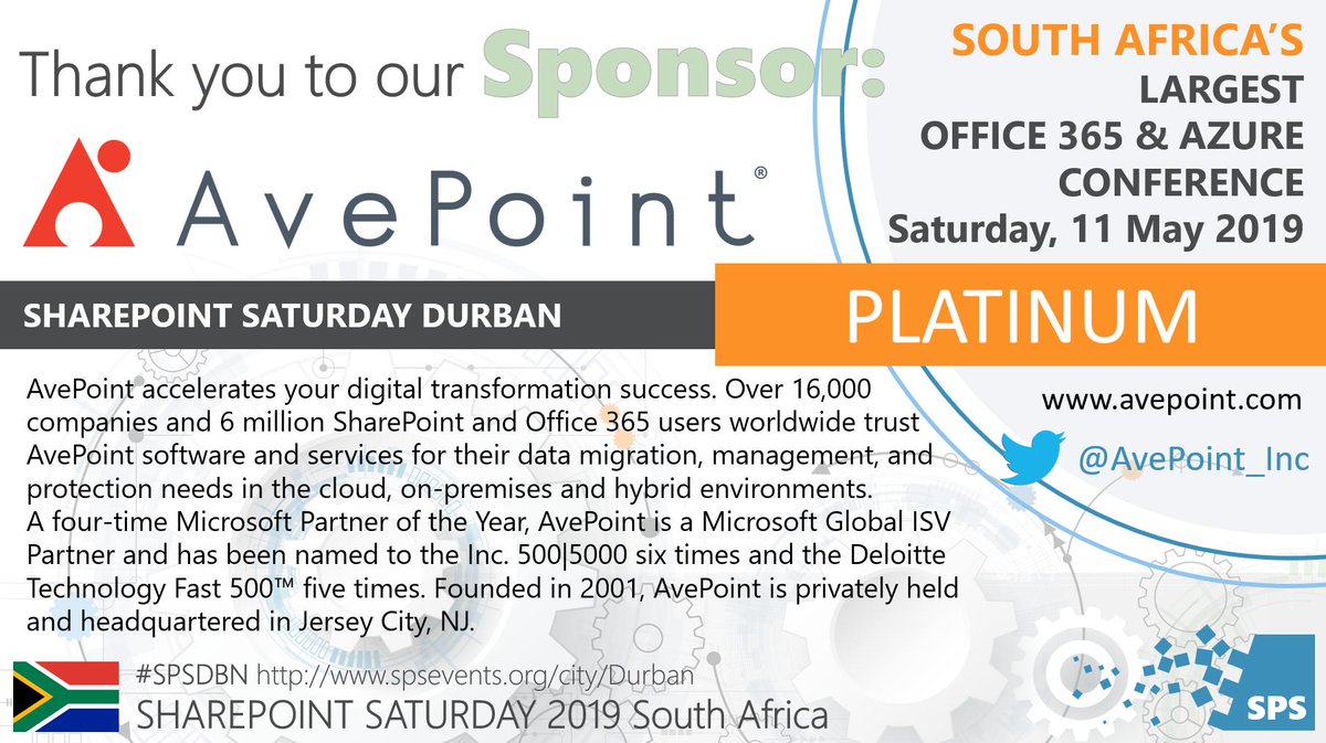 tracyvds's tweet image. BIG Thanks to our Platinum Sponsor @AvePoint_Inc for sponsoring #SharePoint Saturday Durban #SPSDBN. Without you none of this would be possible. Event is taking place this Saturday 11 May, at Varsity College Durban North, 12 Radar Drive . See you there!!