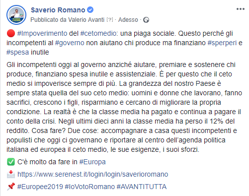 SaverioRomano's tweet photo. 🔴 #Impoverimento del #cetomedio: una piaga sociale. Questo perché gli incompetenti al #governo non aiutano chi produce ma finanziano #sperperi e #spesa inutile

✅ C'è molto da fare in #Europa

📩 https://t.co/hmRDTvkwqc

📌 #Europee2019 #IoVotoRomano #AVANTITUTTA https://t.co/OMNnQJyJsh