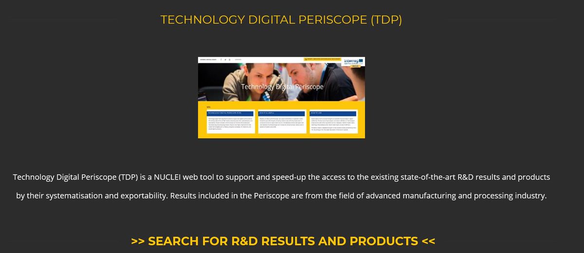 NUCLEI_project's tweet photo. There's something new on our website! With the new #Technology #Digital Periscope (TDP) tool, you can seepd-up the access to the existing state-of-the-art R&amp;D results and  products by their systematisation and exportability.

Follow that link and try out: https://t.co/3m429TFLpt https://t.co/xbi6qL5uOW