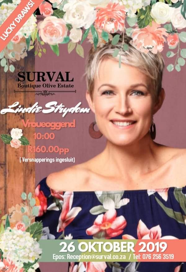 SurvalOlive's tweet photo. Kom en geniet LINDIE STRYDOM die 26st Oktober 2019 om 10:00 op Surval Boutique Olive Estate! Moet dit nie misloop nie. Daar gaan slegs n beperkte hoeveelheid kaartjies beskikbaar wees en VET PRYSE TE WEN!! @SurvalOlive 🌹 https://t.co/lEBKwplwGr