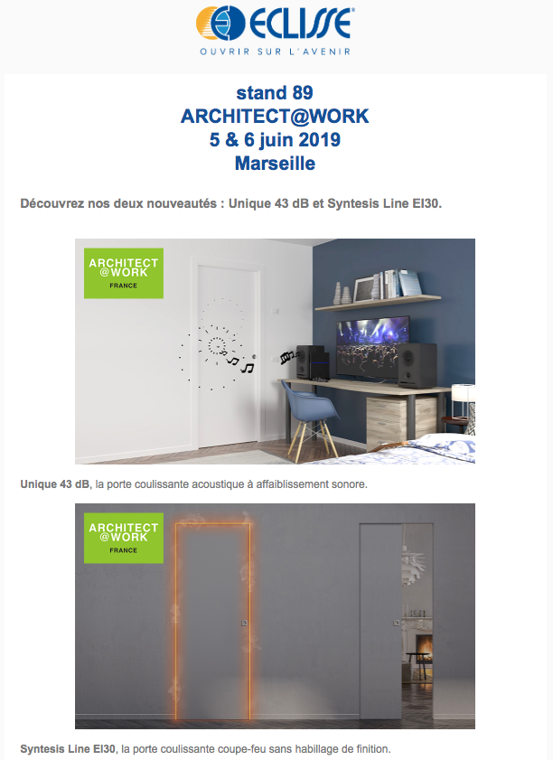 M-1 : <a href="/Eclissefrance/">Eclisse France</a> présentera les portes Unique 43 dB &amp; Syntesis Line EI30 à Architect@Work Marseille

#agenda#events