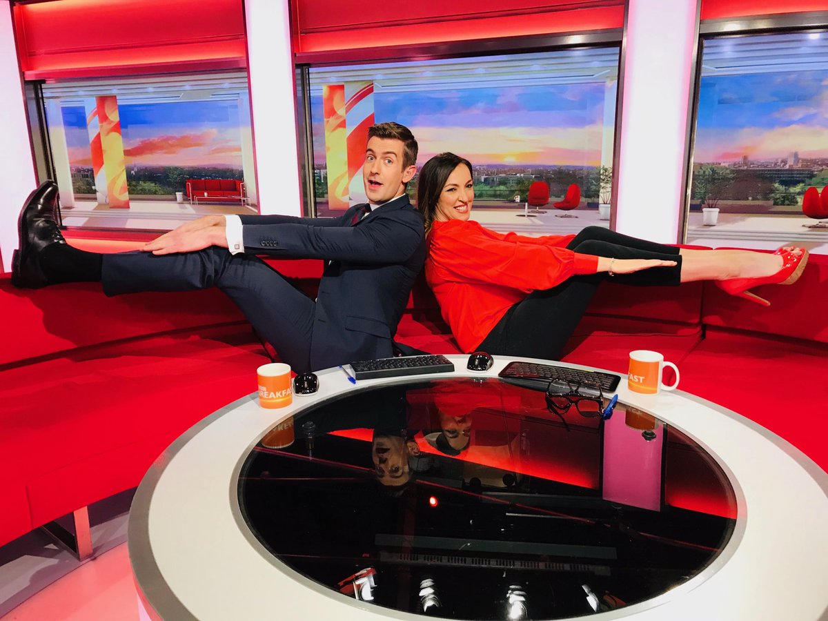 sallynugent's tweet photo. In honour of Joseph Pilates ⁦today we’ve been doing a little tabletop action between stories. Spot the cheat!!  ⁦@BBCBenThompson⁩ 😉 #Pilates https://t.co/IGAIQnzPcJ