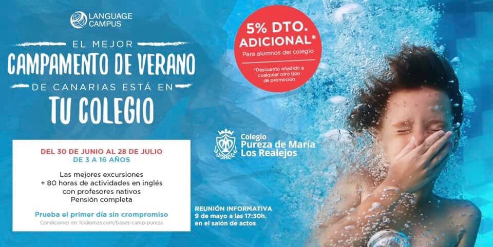 pmarialr's tweet photo. #EnglishCampus19 ☀️🧢🔝| Les recordamos que el jueves 9 de mayo a las 17:30 tendremos, en el salón de actos del colegio, la reunión informativa sobre el campamento de inglés de verano que se hará, como años anteriores, en nuestro colegio.
#DecidirLoMejor
#LanguageCampus https://t.co/NpXZ07cxzb