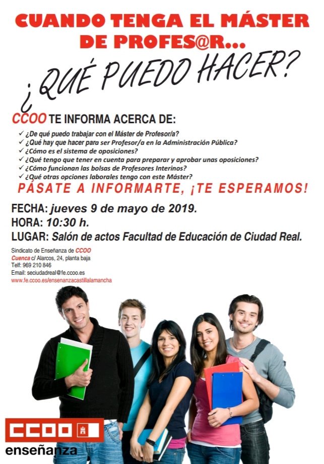 ccoociudadreal's tweet photo. El día 9 de mayo a las 11 estaremos en la facultad de educación para informar sobre las posibilidades que te ofrece haber cursado el máster de profesorado en educación secundaria
@CEstudiantilCR https://t.co/9QhrlY516z