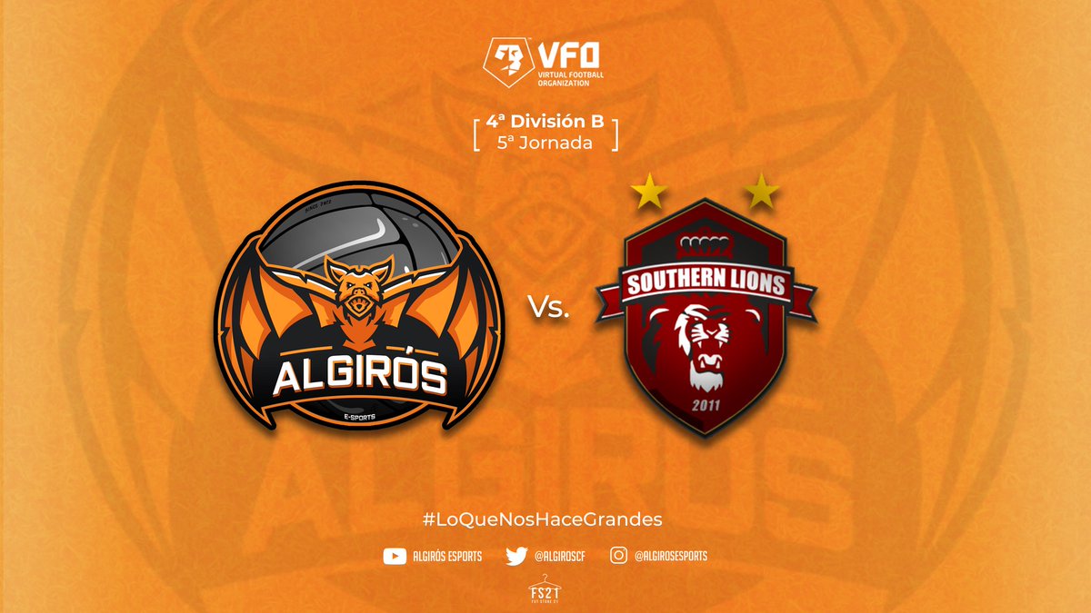 MATCHDAY | ⚽️

🏆 5ª Jornada LIGA <a href="/VFOspain/">VFO España</a> 4ª Grupo B
🏟️ @AlgirosCF 🆚 <a href="/eSportsSTL/">[STL]Southern Lions</a> 
📅 06/05/2019
⏰ 23:10
📺 Algirós eSports (YouTube)
💼 @FutStore21_ 👕
📣 #LoQueNosHaceGrandes