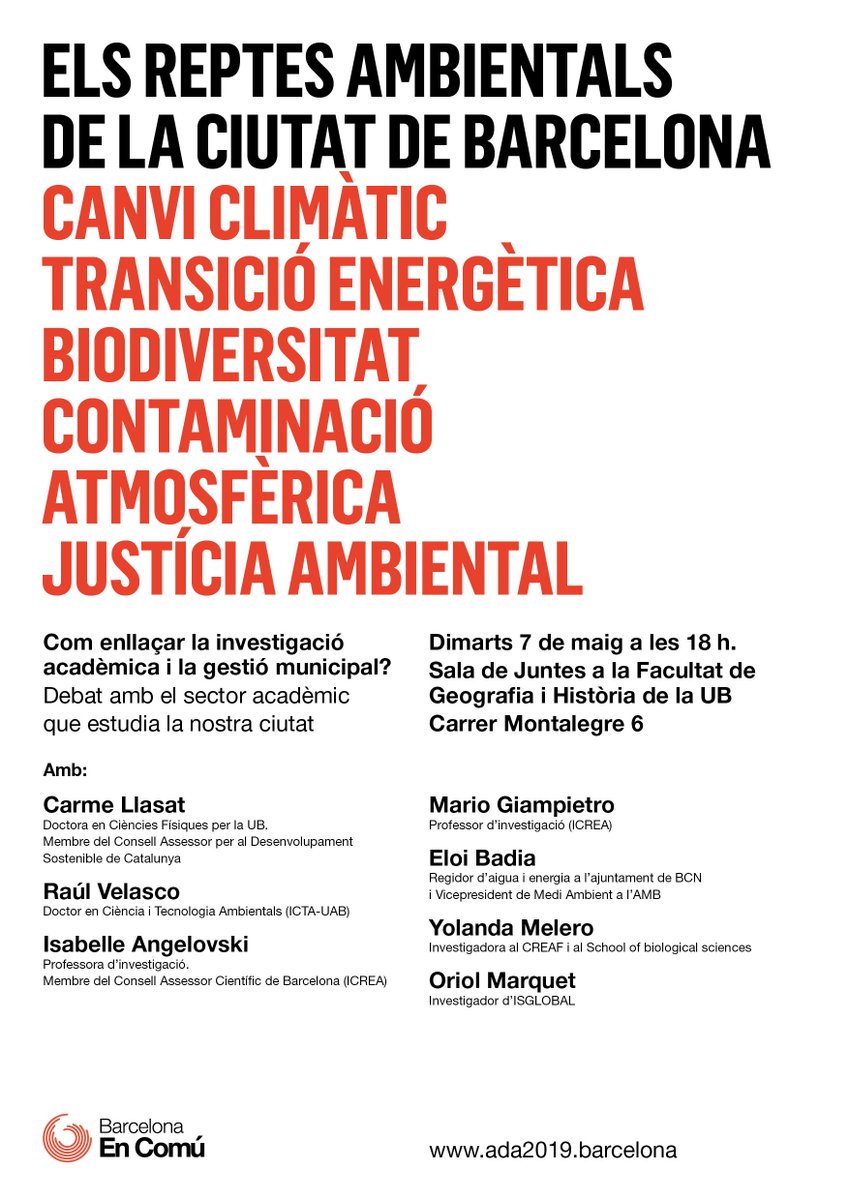 ICTA_UAB's tweet photo. 🗣️"Com enllaçar la investigació acadèmica i la gestió municipal?" Debat amb el sector acadèmic i polític amb la participació dels investigadors de l'@ICTA_UAB Raúl Velasco, Isabelle Anguelovski i Mario Giampietro

 🗓️ Tuesday 07/05 ⌚️18h 📍UB https://t.co/mIGiK3n4Rr