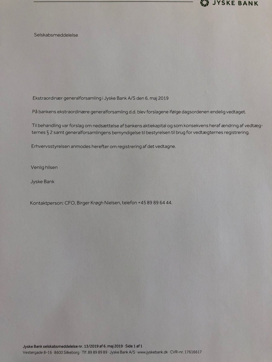 DamAnders's tweet image. Så har den ekstraordinære generalforsamling i Jyske Bank endelig vedtaget at nedsætte aktiekapitalen med 3.350.500 stk. aktier. Nu mangler blot Erhvervsstyrelsen registrering af det vedtagne.