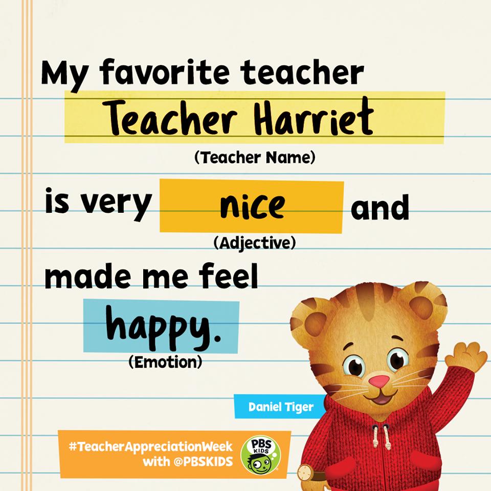 danieltigertv's tweet image. It’s #TeacherAppreciationWeek, and we’re helping @PBSTeachers celebrate tiger-tastic teachers everywhere. How would your little one complete this sentence? Screenshot, fill-in, and share the graphic to thank your favorite teacher from your neighborhood! #DanielTigerPBS