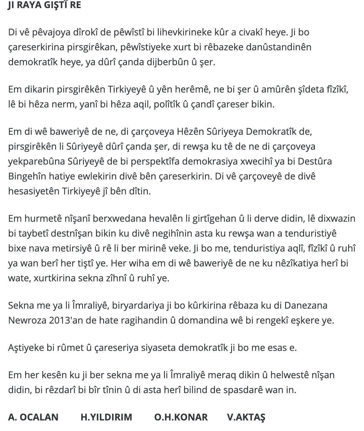 Guney Yildiz Abdullah Ocalan S Text Statement As It Is Provided Via The Turkish Officials In Turkish Kurdish And English T Co Ohvgze3ajy Twitter