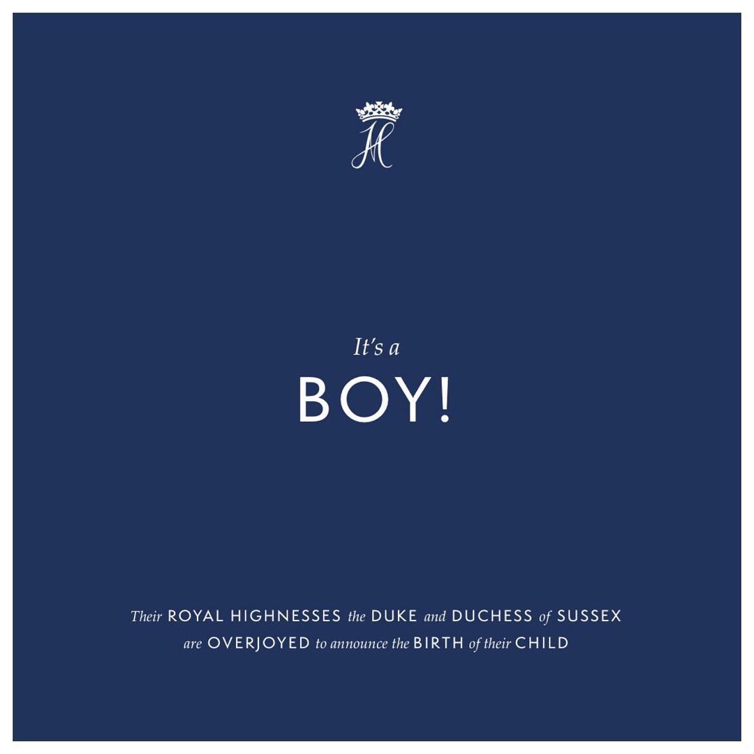 enews's tweet image. "We are pleased to announce that Their Royal Highnesses The Duke and Duchess of Sussex welcomed their firstborn child in the early morning on May 6th, 2019. Their Royal Highnesses’ son weighs 7lbs. 3oz."