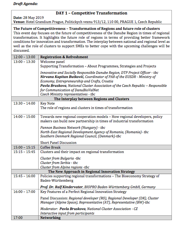 danu_bioval's tweet photo. Join our final conference! 28-29.05.19 Prague, Czech Republic. Learn and discuss about the Competitive and Bioeconomic Transformation of Regions!   https://t.co/x51JaLObOf @Clusters_EU @marius_niculae @INTERREGTweets @Interreg_Danube https://t.co/jsyCDdZXiq