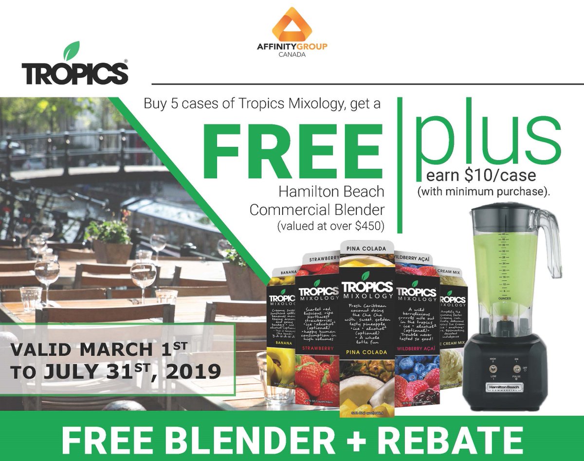 Sunshine &amp; warm temperatures=cold patio drinks! Take advantage of this amazing offer from Tropics! Frozen Tropics Mixology uses real fruit (no artificial colours &amp; no preservatives) with a 2 year frozen shelf life. Contact your Sales Rep or call us at 1-888-291-8211 for more info