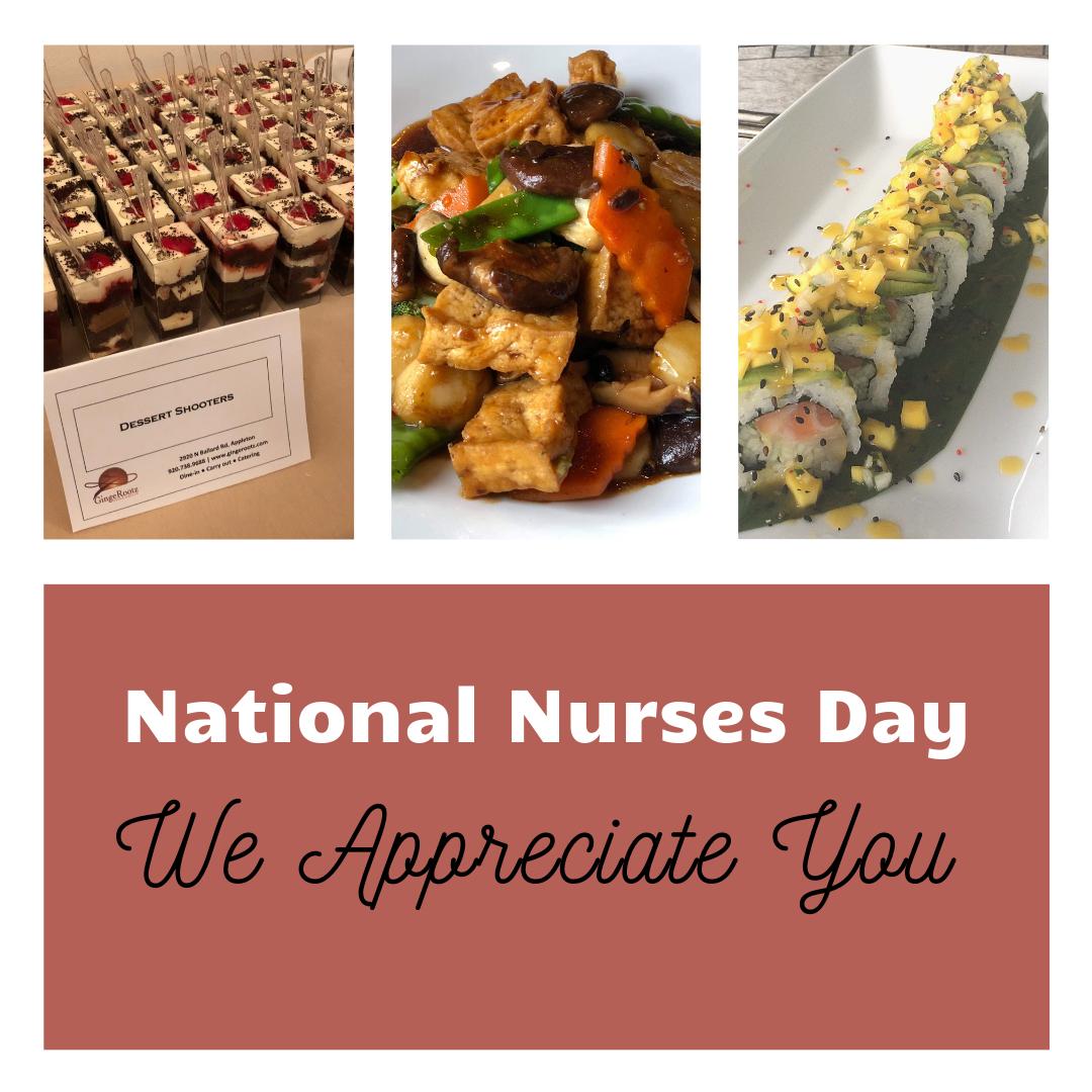gingerootz's tweet photo. Happy Nat'l #Nurses Day! Celebrate the heart of #healthcare by treating your nurses to their favs this week. Nurses, thank you for all you do! #gingerootz #appletonwi #foxcitieseats #foxcitiesdining #thefoxvalley #carryout #dinein  #foxfoodie #nurseappreciation #nurselife https://t.co/JplHmvyZsa