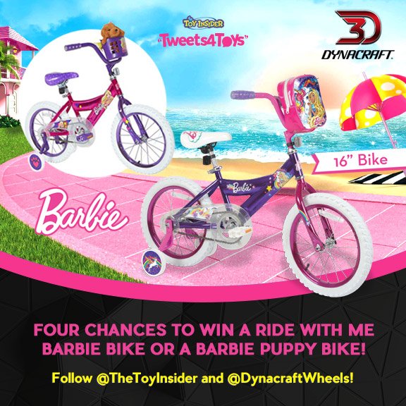 TheToyInsider's tweet photo. RT &amp; follow @DynacraftWheels to enter to #win a Barbie-themed bike ahead of our #PedalItForward Twitter party! #tweets4toys #giveaway #DynacraftWheels https://t.co/VMeRtc578O