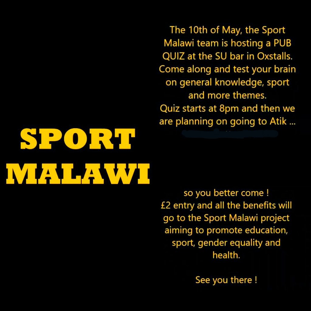 The Sport Malawi team would like you to join us for our #pubquiz !

<a href="/UoGSLES/">UoGSLES</a> <a href="/yoursu/">Me</a> <a href="/uniofglos/">University of Gloucestershire</a>